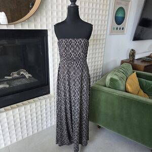 Banana Republic Black + Teak Ikat Geometric Print Strapless Boho Knit Dress, MED
